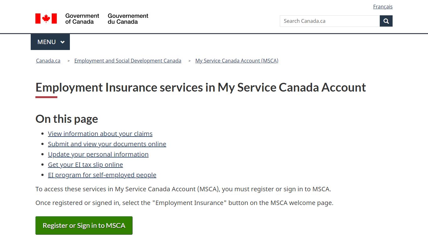 Employment Insurance services in My Service Canada Account